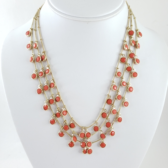 Anne Klein layer necklace gold tone orange accents 3 strands pop color - Picture 10 of 16